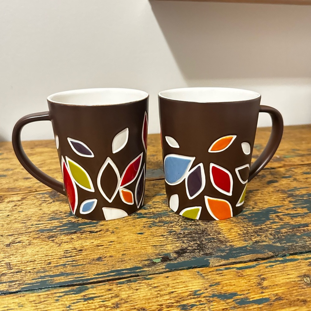 Starbucks Brown Mugs with Colorful Leaf Design